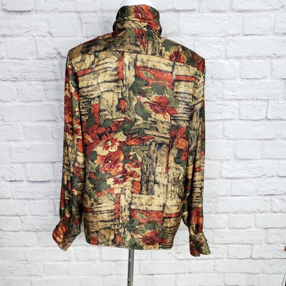 Vintage High Neck Gold Red Green Polyester Blouse Sz 6 - Picture 9 of 14